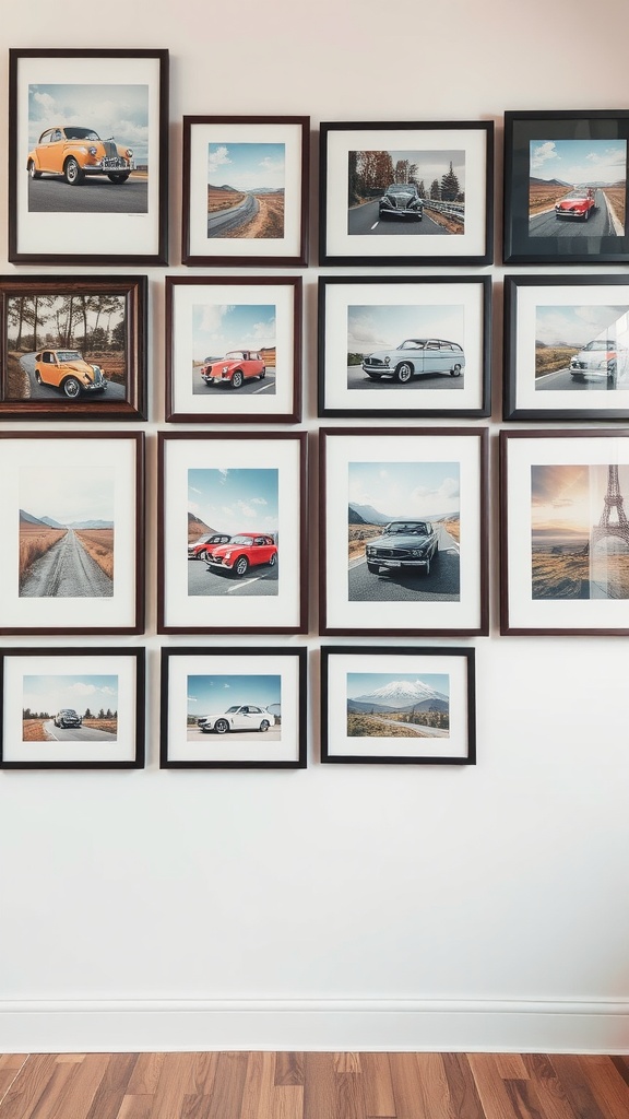 A collection of framed photographs featuring classic cars and scenic landscapes on a wall.