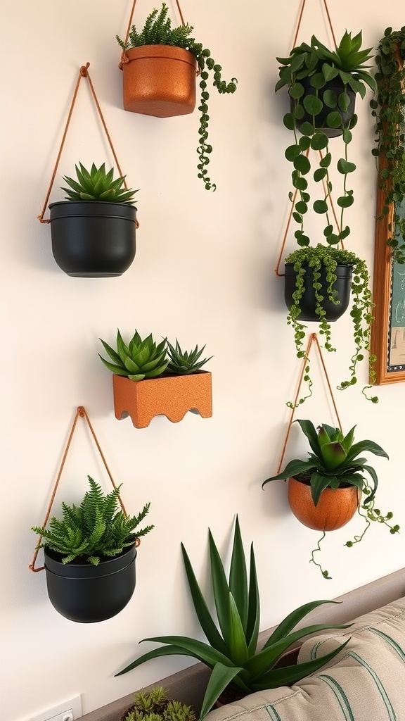 A wall decorated with various wall mounted planters featuring different types of plants.