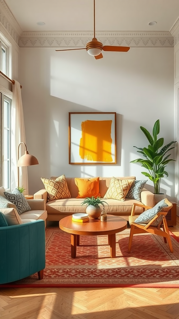 Cozy living room with warm colors, featuring a sofa, coffee table, and plants