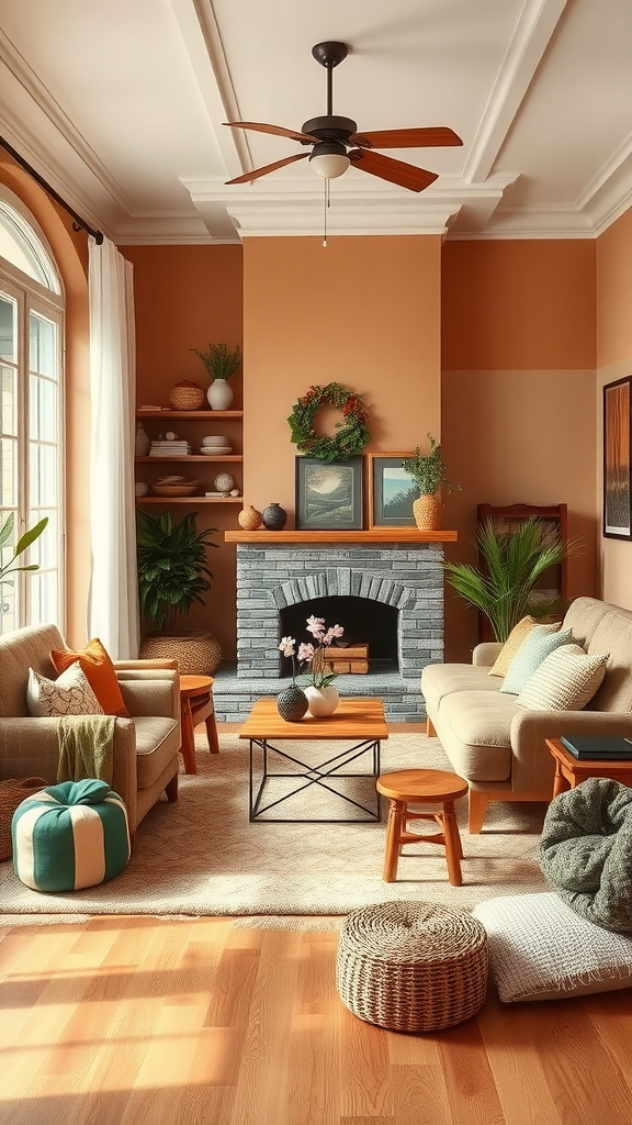 Cozy eclectic living room with warm color palette featuring terracotta walls, beige furniture, and natural decor elements.