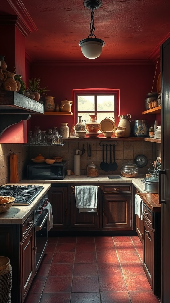 An old-world kitchen featuring warm colors, wooden cabinets, and rustic decor.