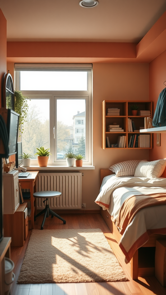 Cozy dorm room with warm color scheme, featuring plants and wooden furniture.