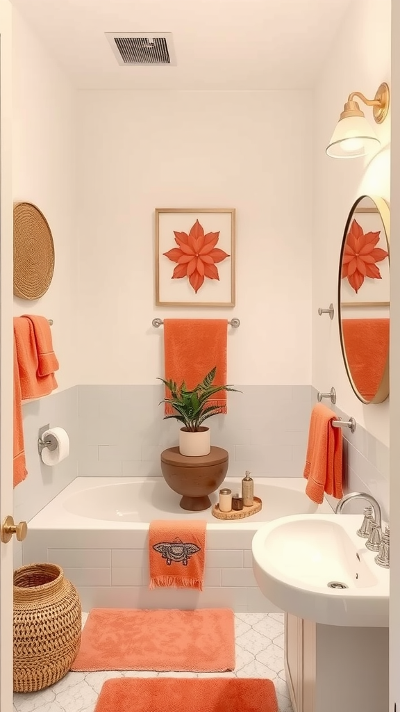 A warm-toned bathroom featuring coral accents like towels and a rug.