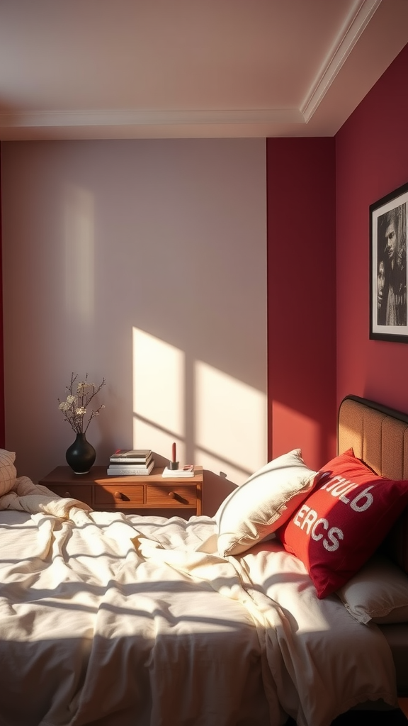 A cozy bedroom featuring warm lighting and burgundy decor, showcasing a bed with soft pillows and a nightstand.