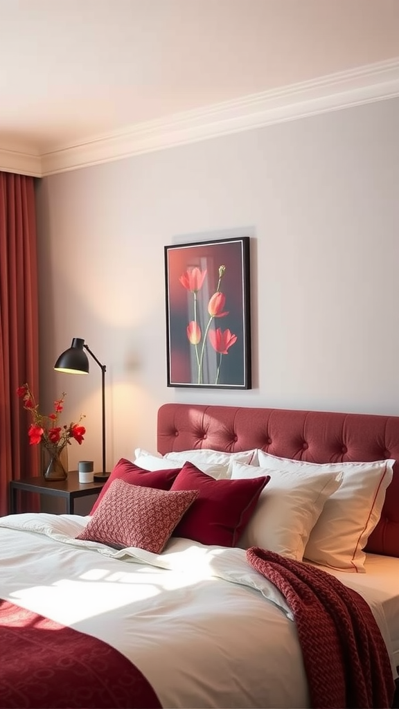 A cozy bedroom featuring warm lighting and burgundy decor, showcasing a bed with soft pillows and a nightstand.