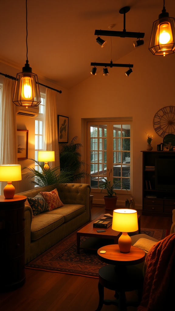 Cozy living room with warm lighting fixtures