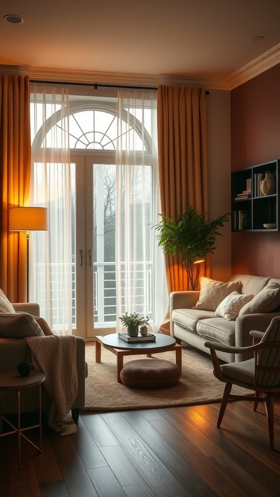 A cozy living room with warm lighting, featuring a comfortable sofa, decorative plants, and a large window with sheer curtains.