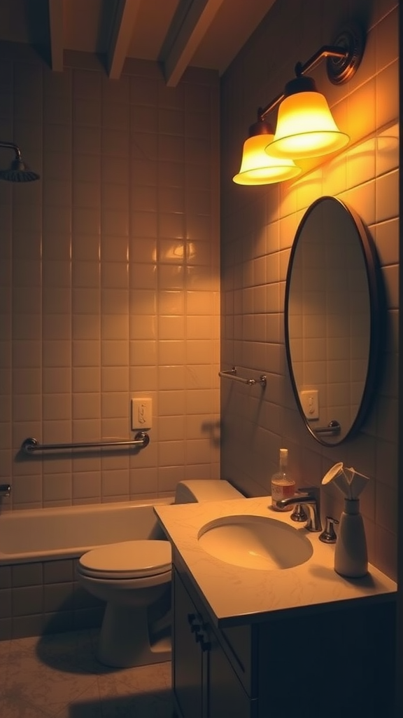 A warmly lit bathroom with vintage-style lighting, featuring a mirror and sink.