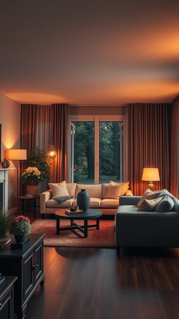 Cozy living room with warm lighting, soft furnishings, and a view of greenery outside.