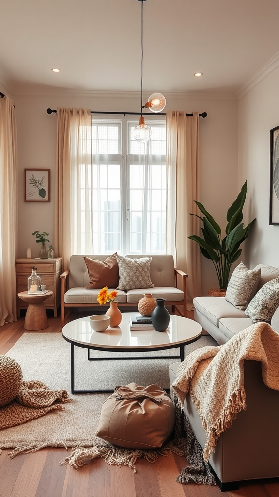 Cozy living room with warm neutral tones and textured fabrics