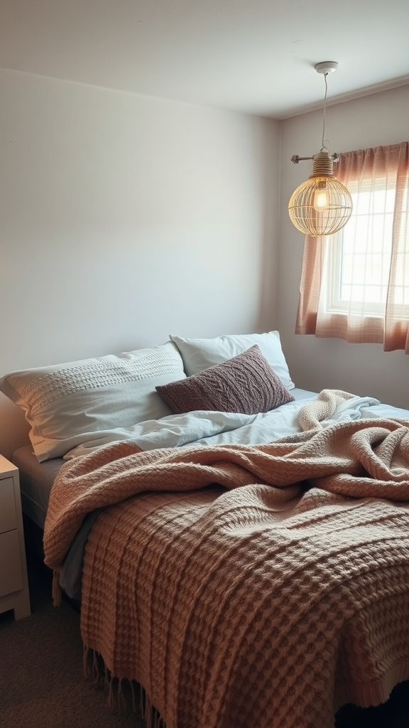 A cozy dorm room with a bed covered in warm textiles and a soft blanket.