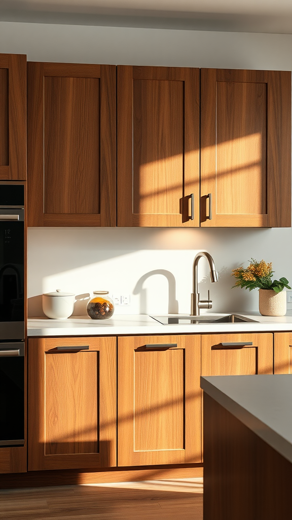 Cozy kitchen featuring warm walnut cabinets and a clean countertop