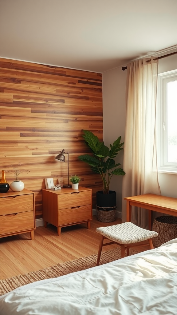 Aesthetic men's bedroom featuring warm wood accents and stylish decor.