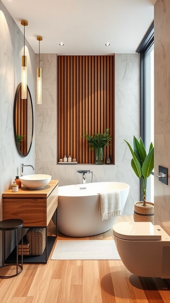 Modern luxury bathroom featuring warm wood accents and a sleek design.