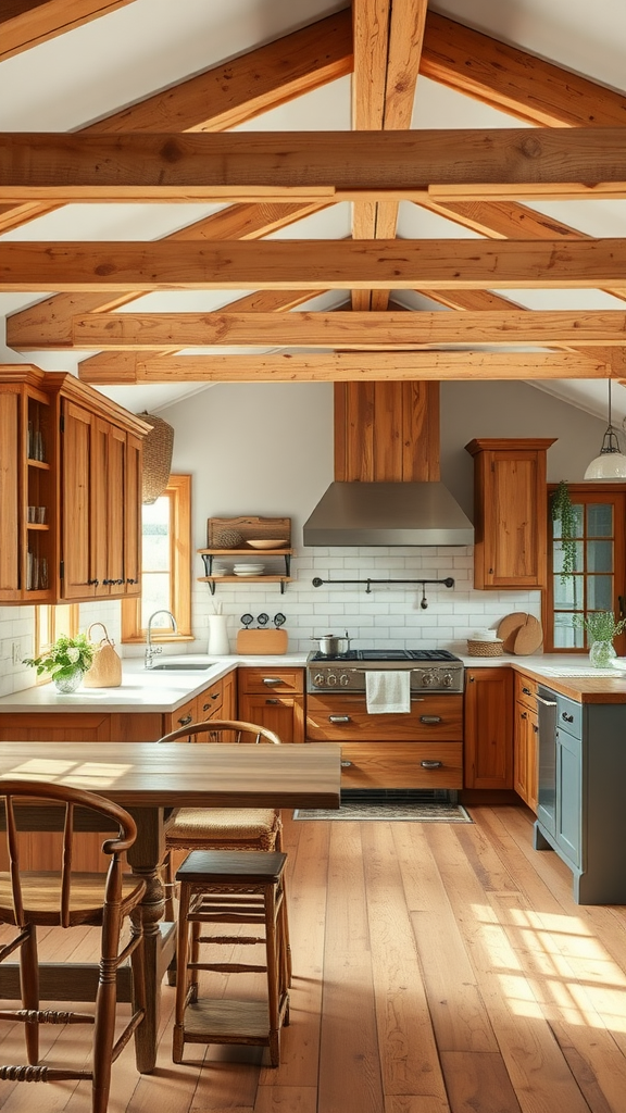 A rustic farmhouse kitchen featuring warm wood cabinets, beams, and a cozy atmosphere.