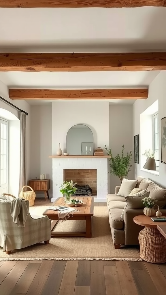 A cozy French country living room featuring warm wooden beams, a comfortable sofa, and soft textiles.