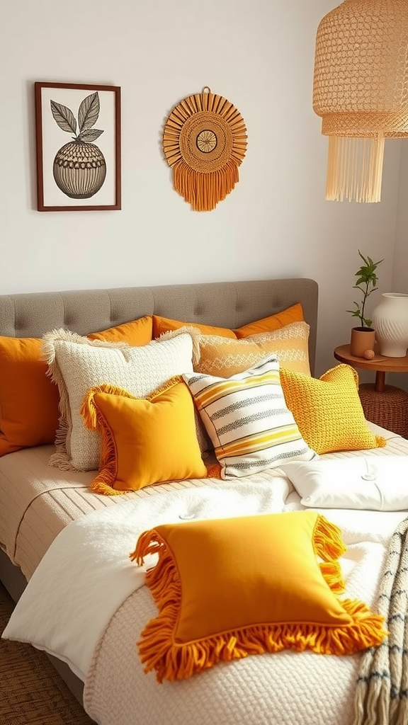 A cozy bed adorned with warm yellow throw pillows and textured blankets.