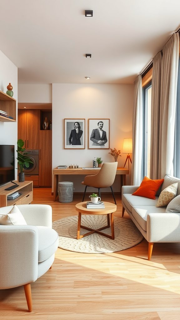 Cozy apartment interior featuring wood accents, soft furnishings, and natural light.