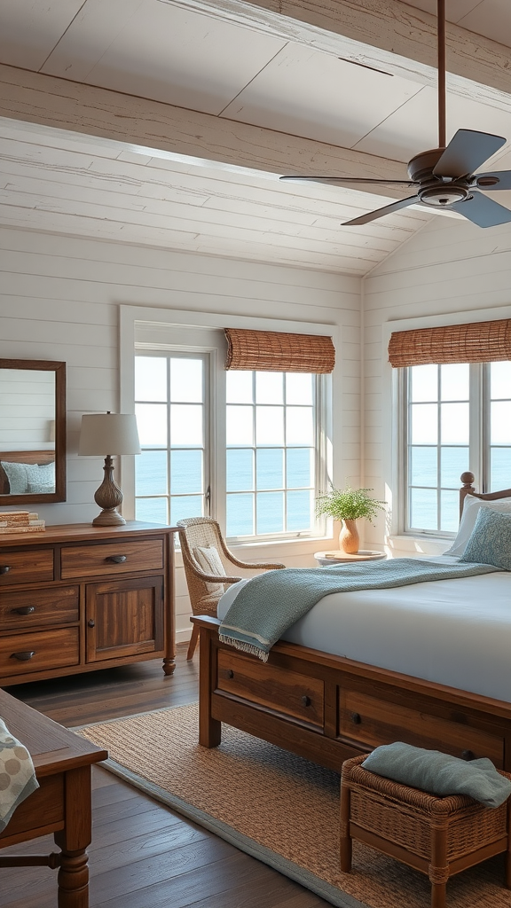 A cozy bedroom featuring weathered wood furniture with large windows overlooking a scenic view.