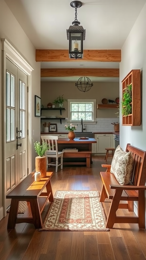 Rustic farmhouse kitchen entryway with a bench, rug, and warm wood accents.