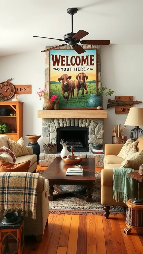 Cozy western-style living room featuring warm textures and layered decor.