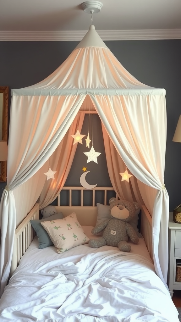 A whimsical bed canopy with soft drapes and hanging stars, creating a cozy sleeping area.