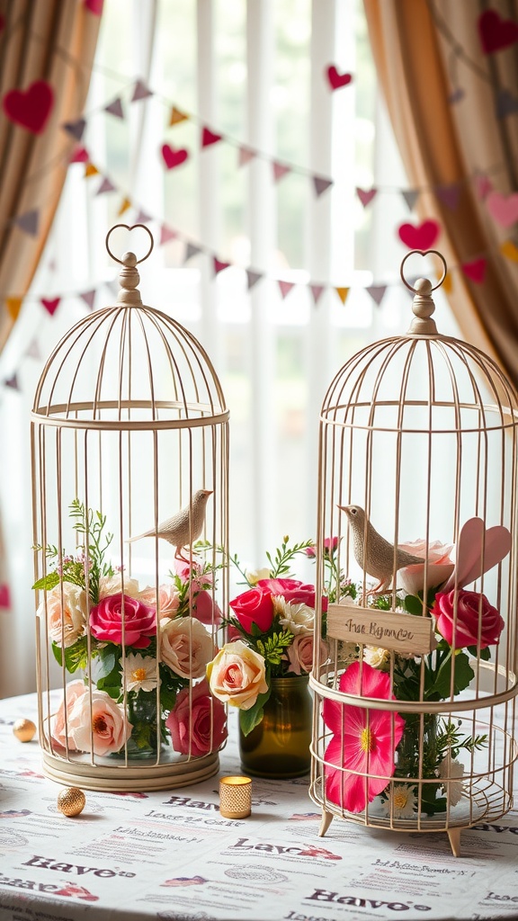 Decorative birdcages with flowers for Valentine's Day centerpiece