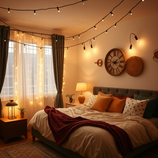 Cozy bedroom with black string lights hanging above a bed and soft lighting.