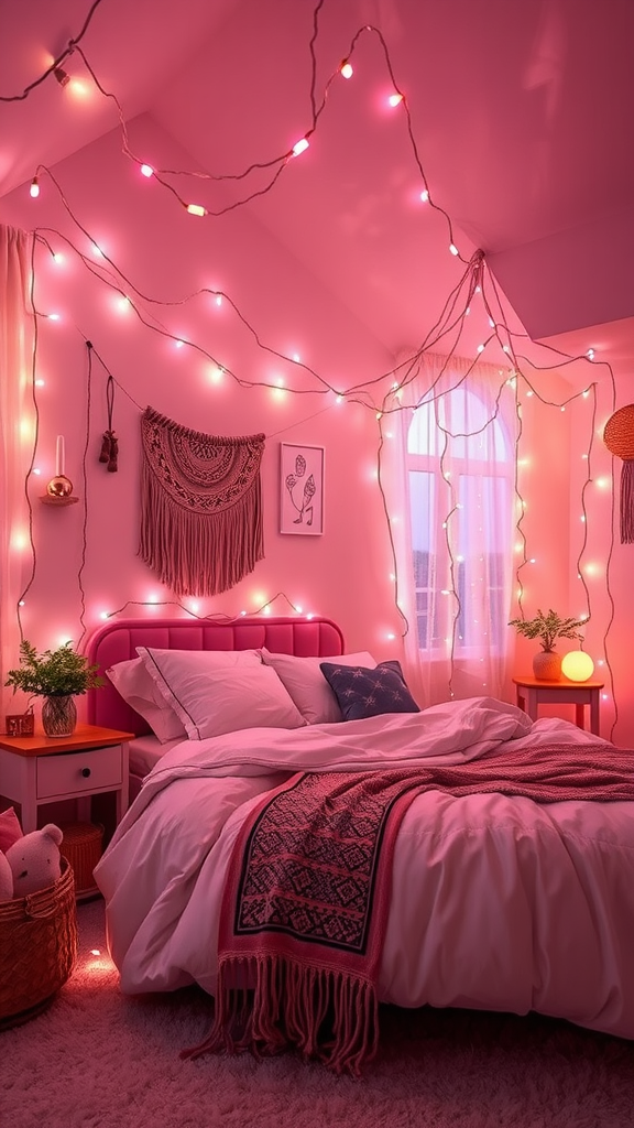 A cozy bedroom decorated with whimsical fairy lights in soft pink tones.