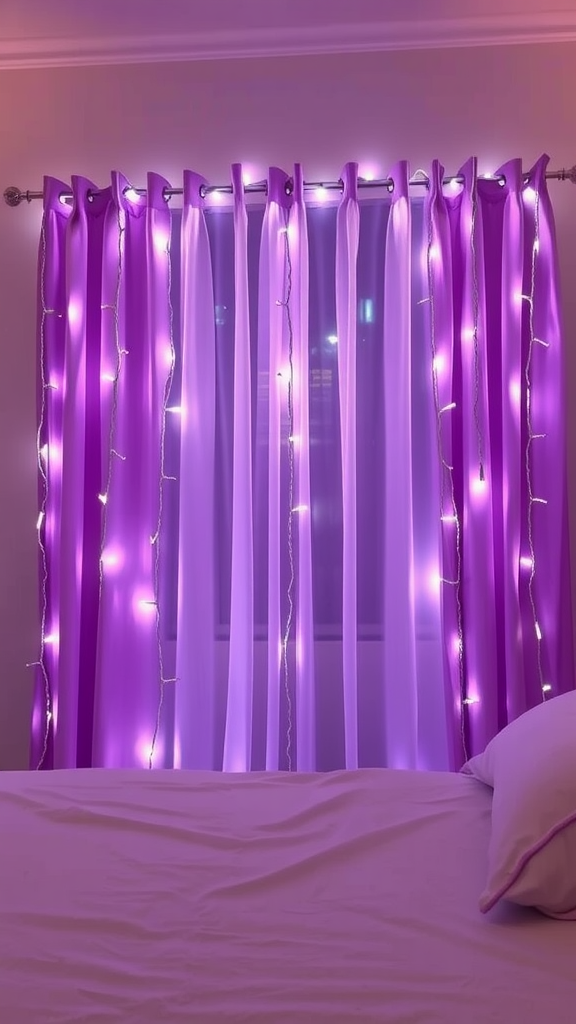 A window with purple curtains adorned with fairy lights, creating a warm and cozy atmosphere.