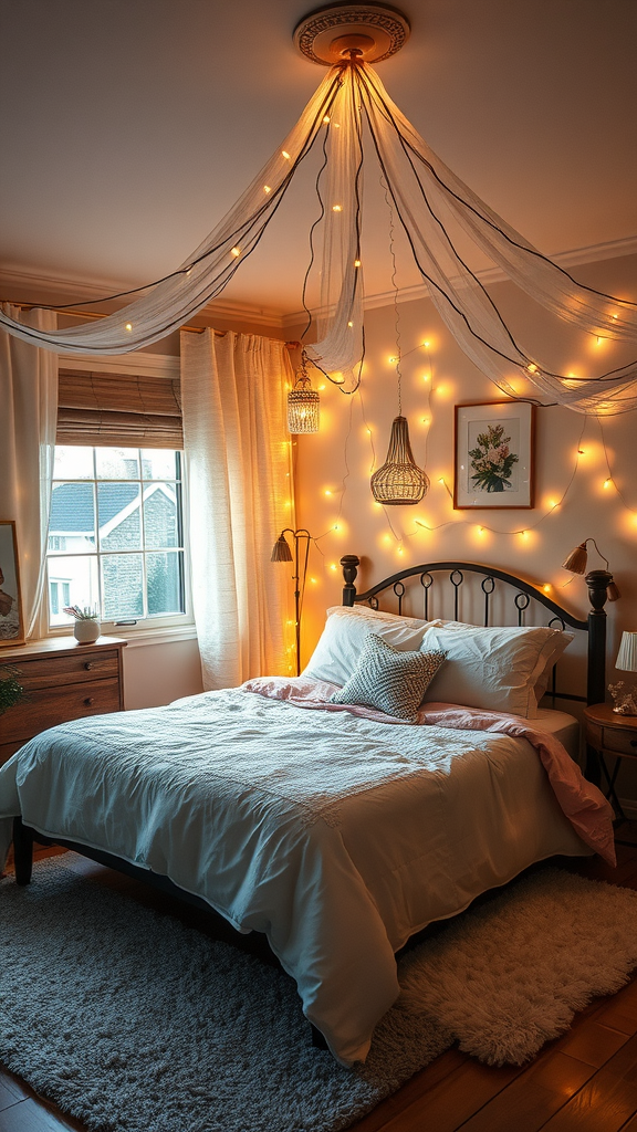 A cozy bedroom featuring soft lighting with fairy lights draped from the ceiling.