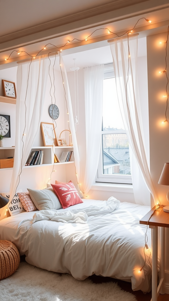 Cozy white dorm room with fairy lights and a person sitting on the bed.