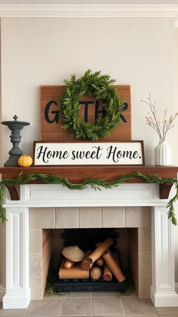 A beautifully decorated farmhouse mantle with signs, a wreath, and rustic decor.