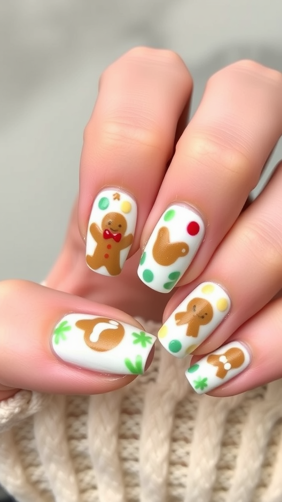 Nail art featuring whimsical gingerbread patterns and colorful decorations.