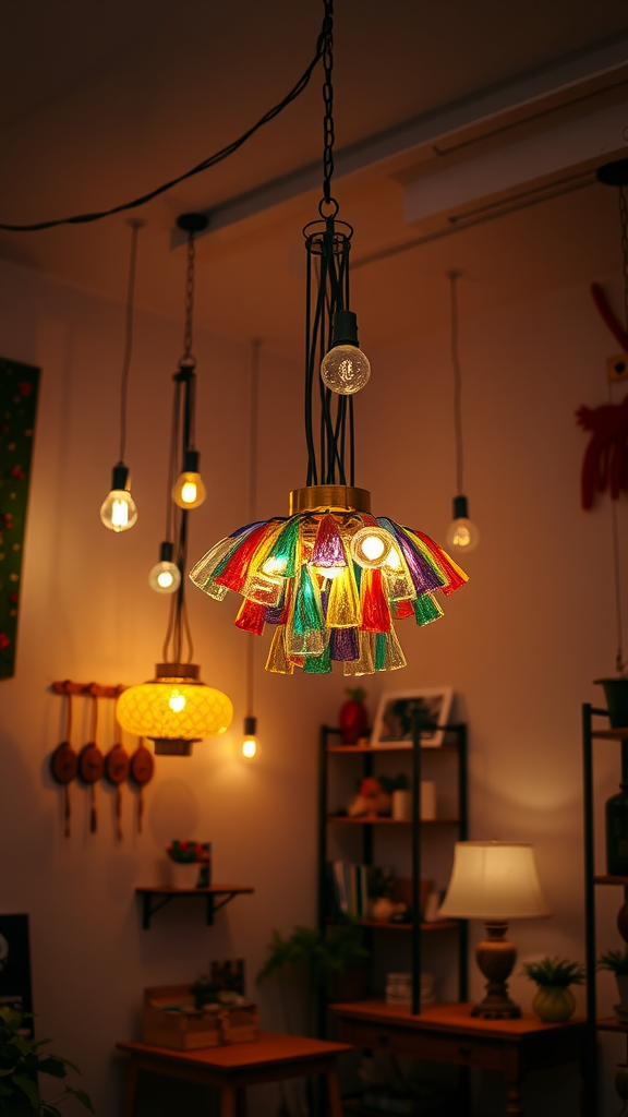 A variety of unique lighting fixtures, including a colorful pendant light and vintage bulbs, in a cozy room setting.