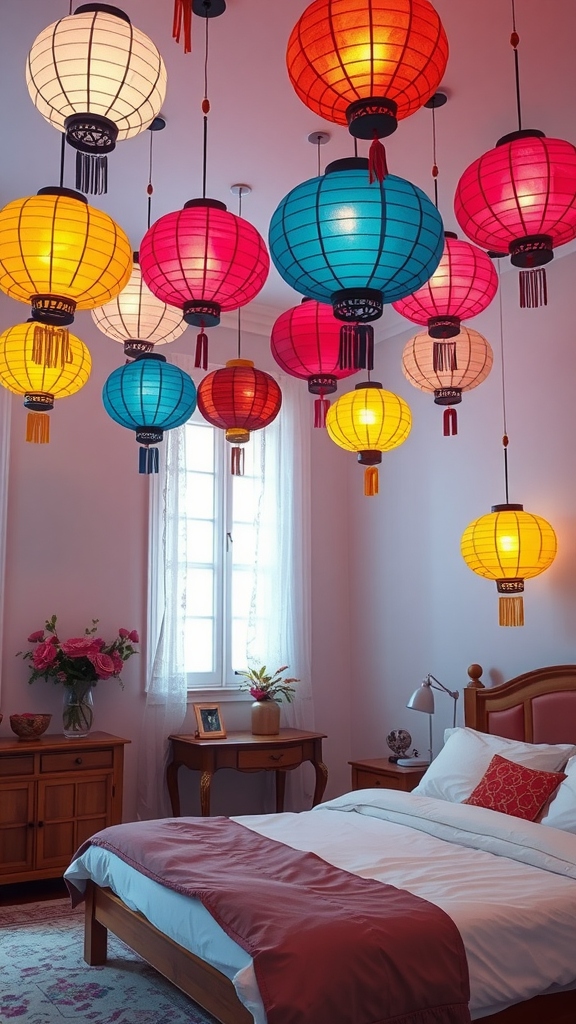 A bedroom with vibrant paper lanterns hanging from the ceiling.