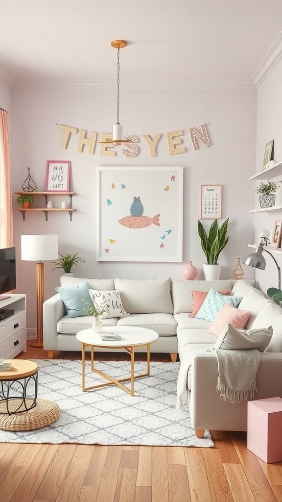 A pastel-themed living room with light colors, playful decor, and cozy furniture.