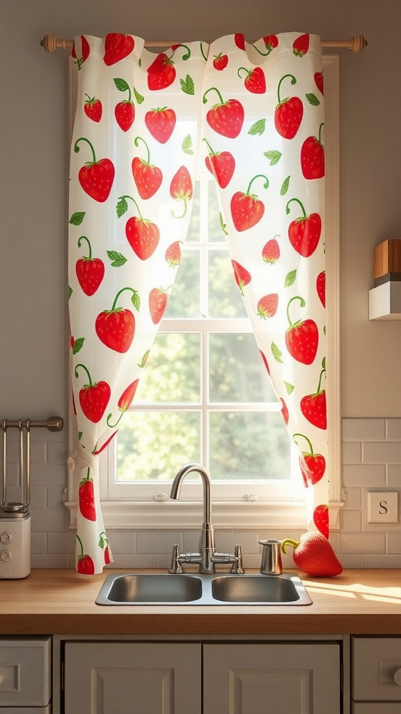 Whimsical strawberry-patterned curtains in a kitchen window