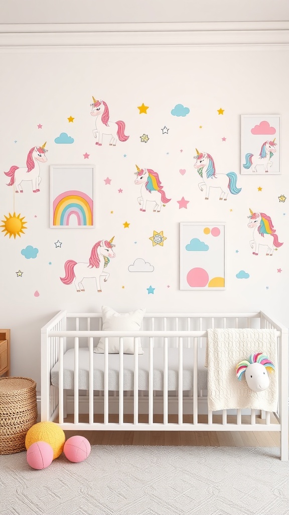 A nursery room with unicorn wall art, pastel colors, and a crib