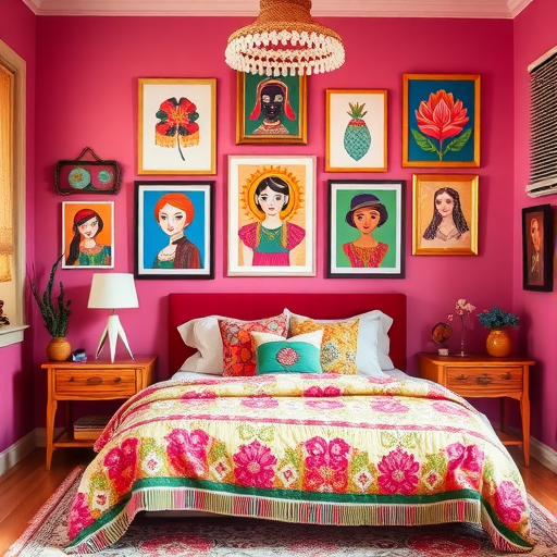 A colorful bedroom featuring vibrant wall art and prints on a pink wall, with a cozy bed and decorative elements.