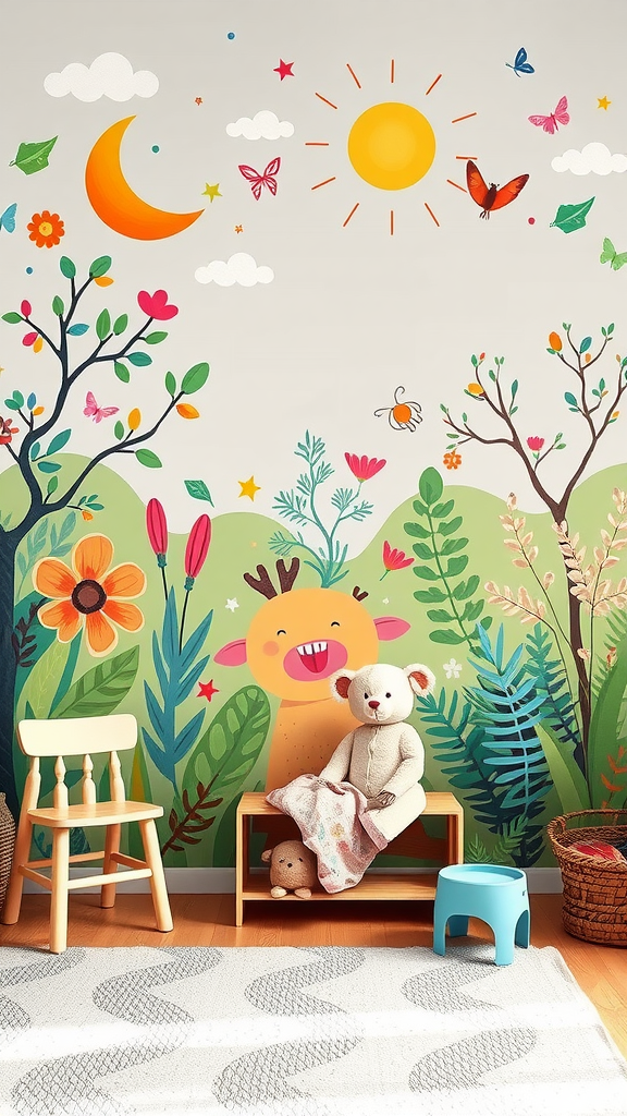 Colorful wall mural with flowers, sun, trees, and a playful character in a boho-style playroom.