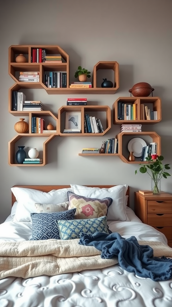 Whimsical wooden wall shelves with books and decorative items