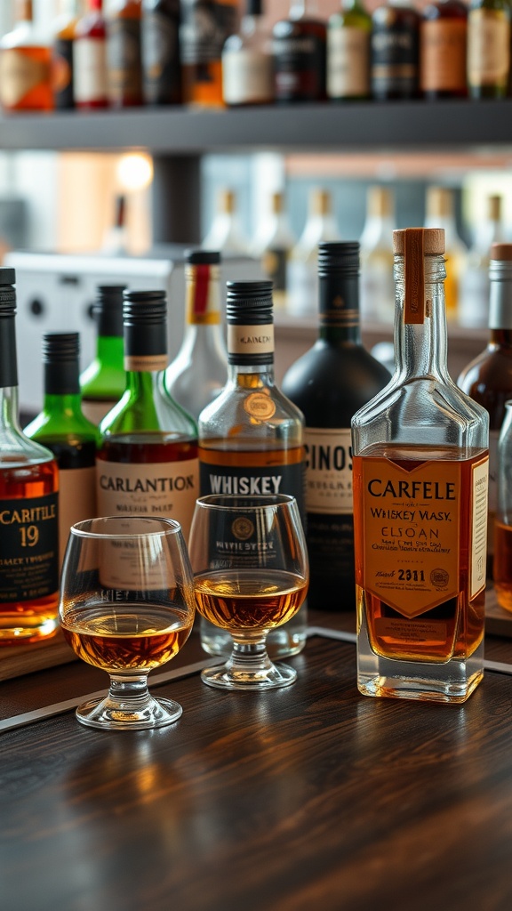 A whiskey tasting station with various bottles and glasses on a wooden table.