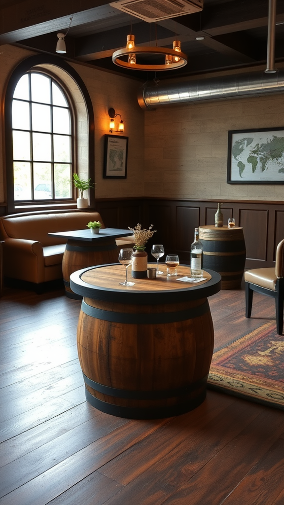 Interior view of a room featuring whisky barrel tables with drinks and a cozy atmosphere.