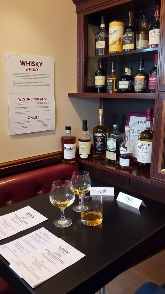 A whisky tasting nook featuring various bottles, glasses, and tasting notes.