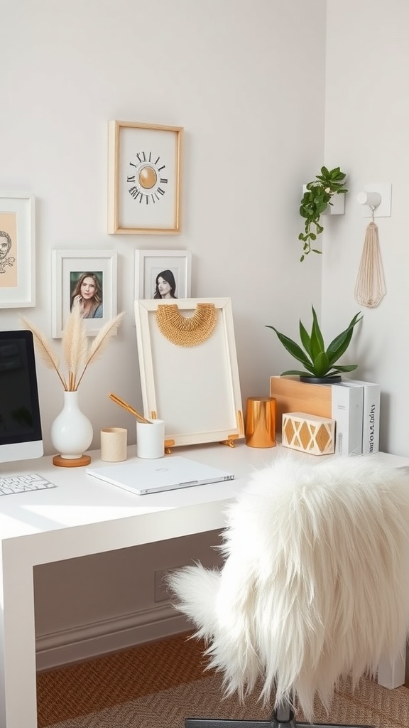 A stylish white desk with gold decorative items and a fluffy chair in a bright room.