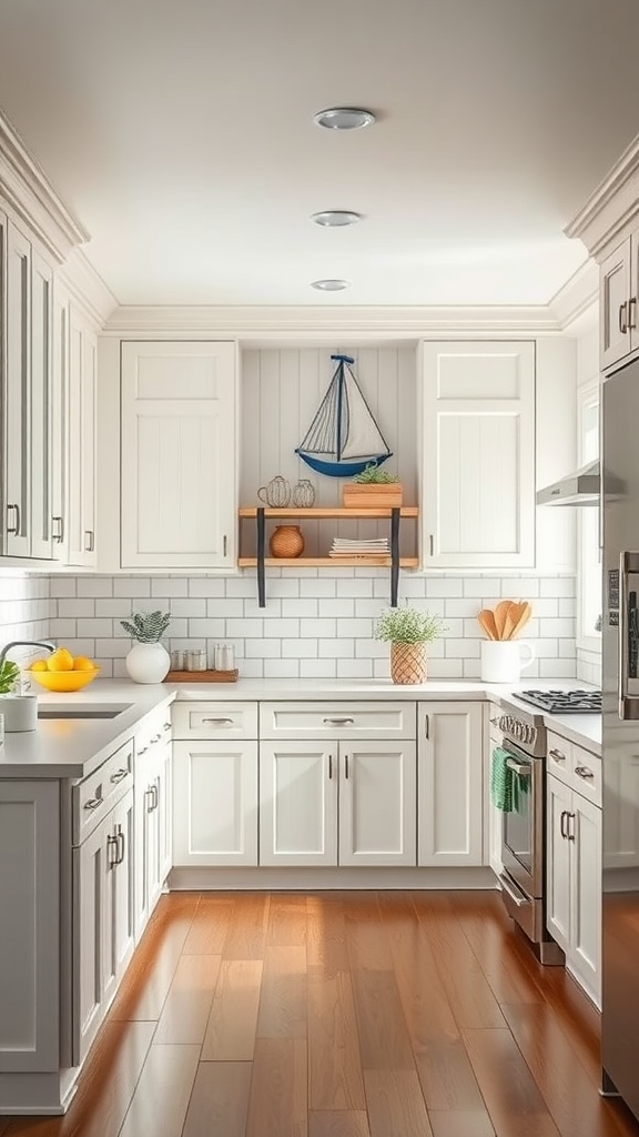 Bright coastal kitchen with white oak cabinets and nautical decor.