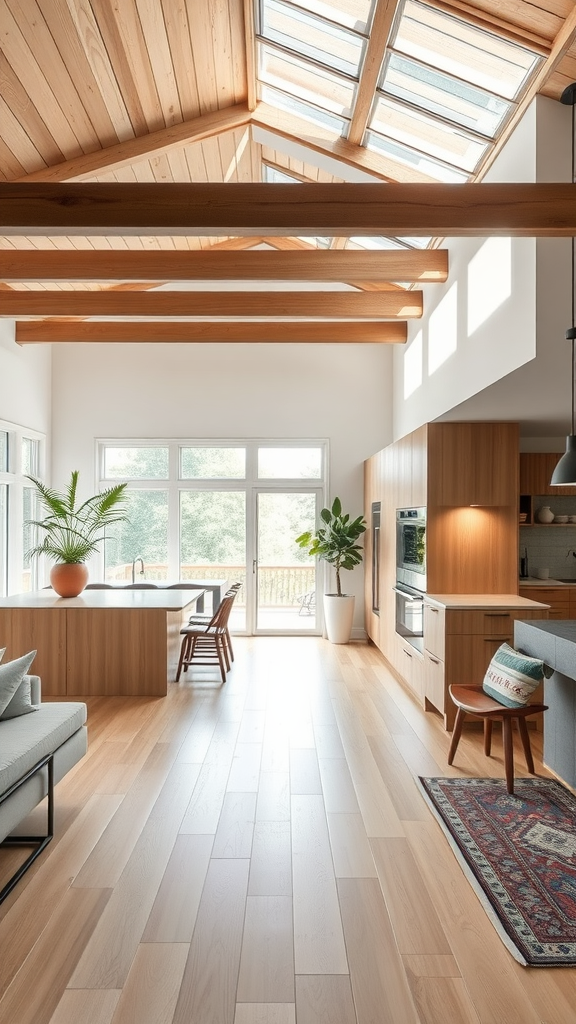 A bright open-concept kitchen featuring white oak cabinets and large windows.