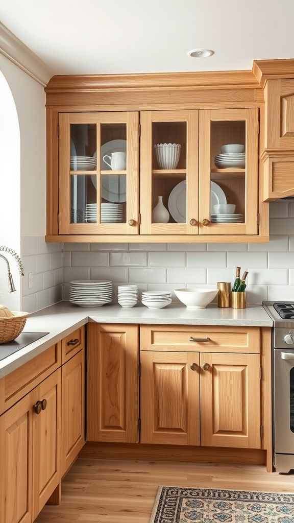 Elegant kitchen with white oak cabinets featuring glass fronts, displaying plates and decor.