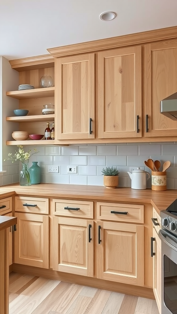 White oak kitchen cabinets with unique black hardware and open shelving.